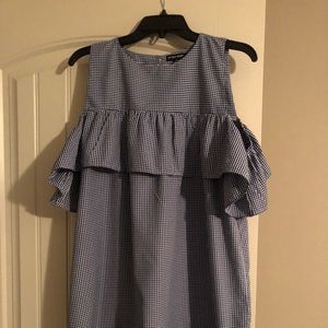 Blue and White Gingham Cold Shoulder Dress
